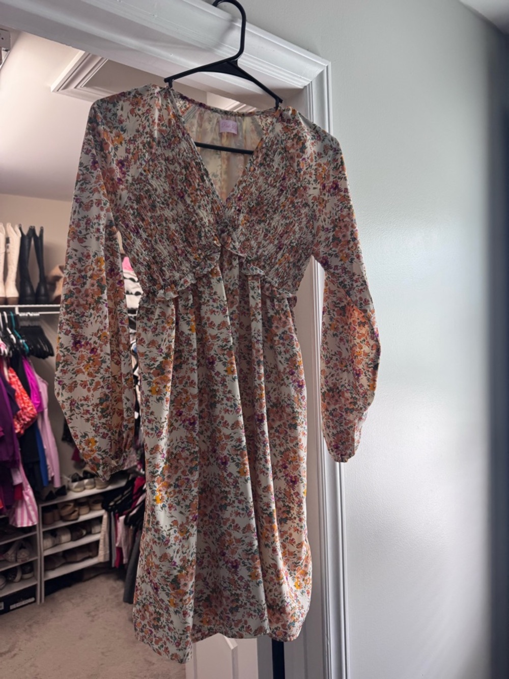 Pink Lily Cream Floral Smocked Long Sleeve Mini Dress
